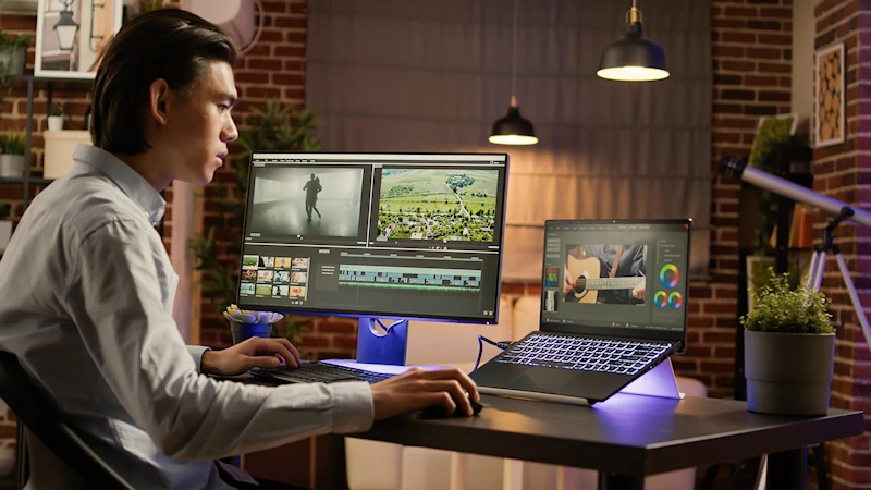 Team member at desk working ov video editing on two computers