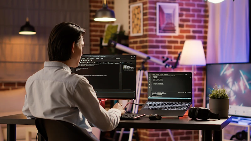 Guy at desk working on software development code